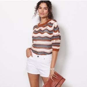 EVEREVE Arabella Striped Crochet Puff Sleeve Sweater Size S Retro Boho